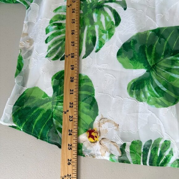 WHBM Flowy Blouse Size L White Green Tropical Palm V-Neck Vacation Beach - Picture 7 of 9